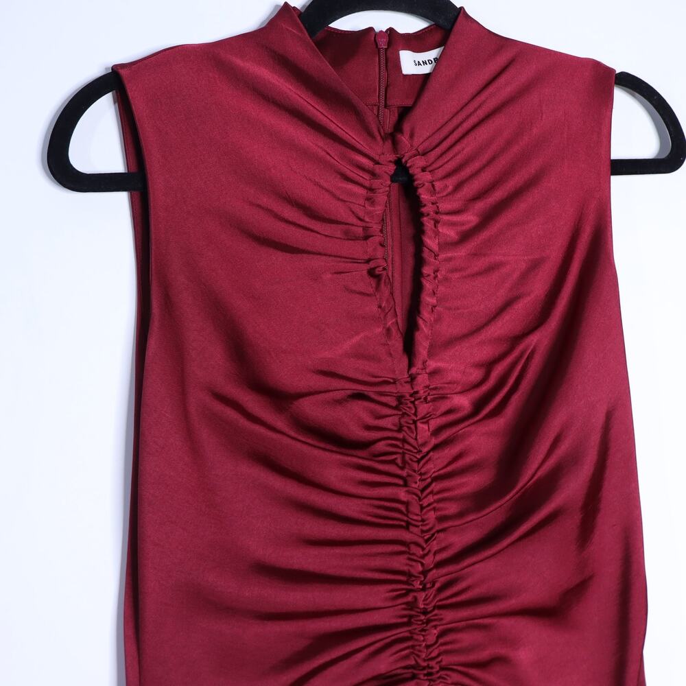 SANDRO Red Titanic Midi Dress Ruched Satin Bordeaux Sleeveless Women's 36/US 4 - Picture 4 of 11